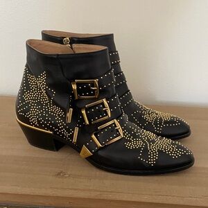 CHLOE SUSANNA Black and Gold Studded Leather Ankle Boots